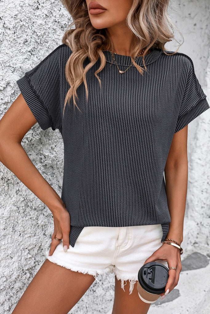 Ribbed Knit Top Relaxed Fit Short Sleeve Pocket Detail