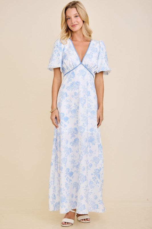 Floral Toile Print Bubble Sleeve Maxi Dress