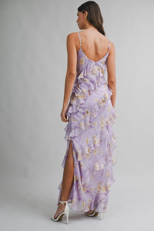Floral Print Asymmetrical Tiered Ruffled Maxi Dress