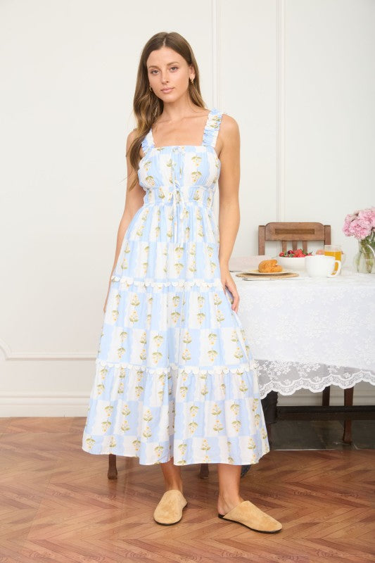Floral Contrast Scallop Trim Sleeveless Midi Dress