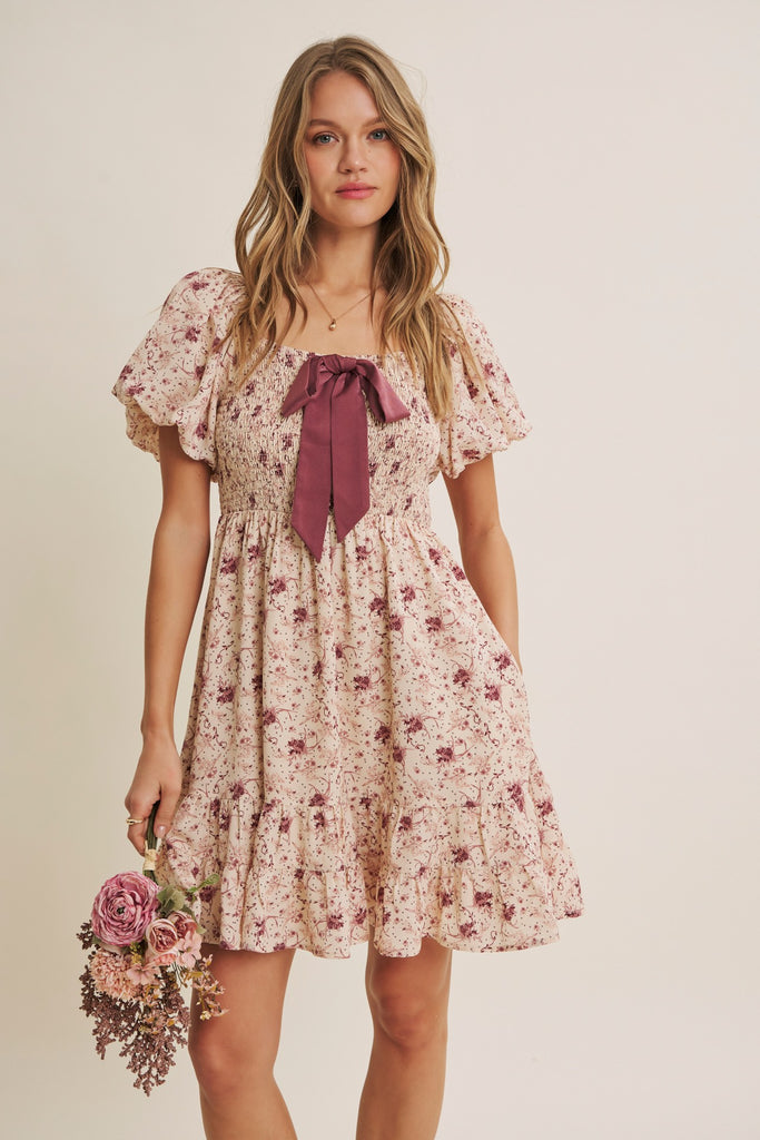 Autumn Garden Bow Smocked Mini Dress With Bubble Slvs