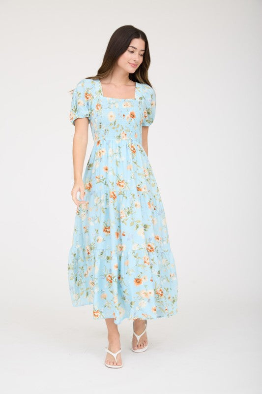 Floral Smocked Puff Sleeve A-line Midi Dress