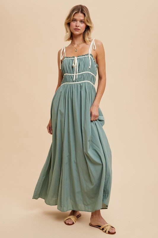 Cotton Blend Contrast Trim Maxi Dress