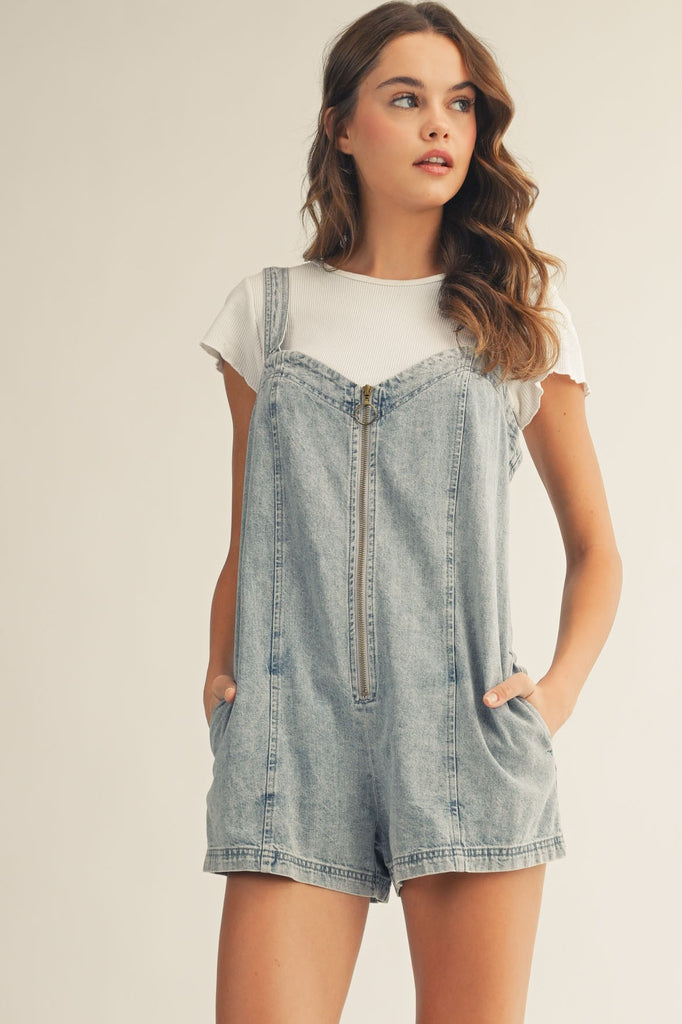 Retro Vintage Faded Washed Zip-up Denim Jumpsuit