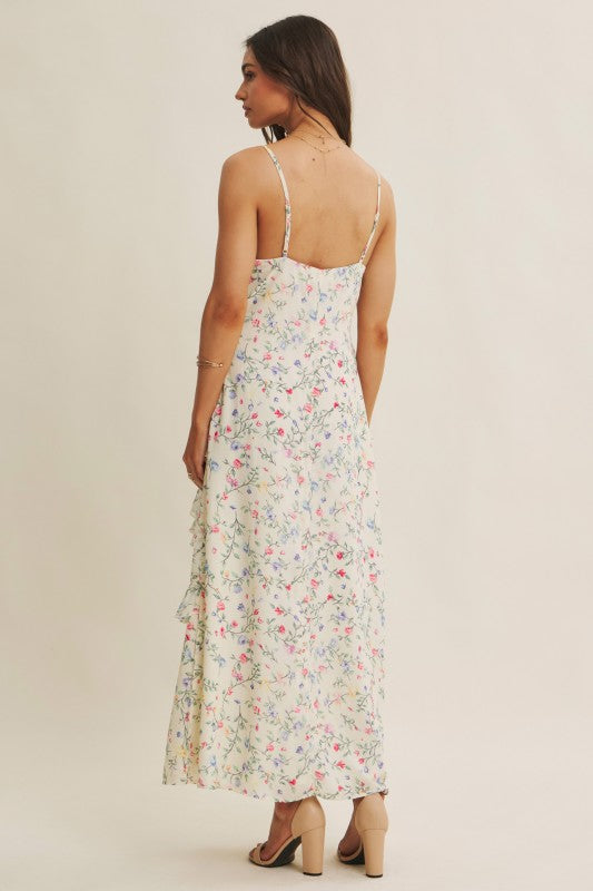 Floral Fantasy Asymmetrical Ruffled Maxi Dress