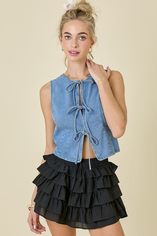 DENIM VEST WITH FRONT TIE DETAIL