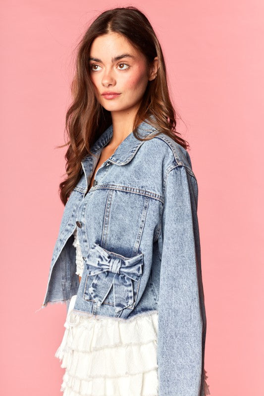 Denim Bow Pocket Cropped Jacket
