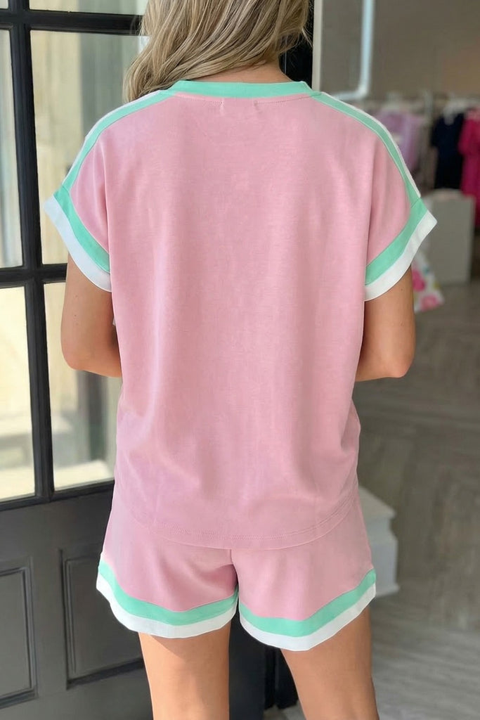 Striped Trim Casual Tee Drawstring Shorts 2pcs Set