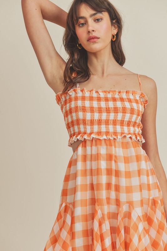 GINGHAM PLAID SMOCKED CUT OUT MINI DRESS