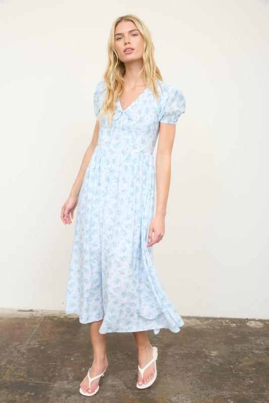 Floral Puff Sleeve V Neck Corset Detail Midi Dress