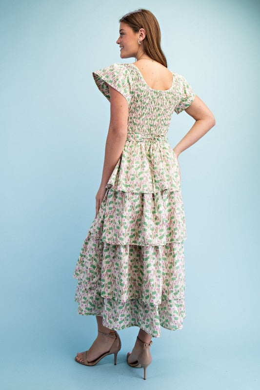 Floral Tiered Elastic Waist Midi Dress