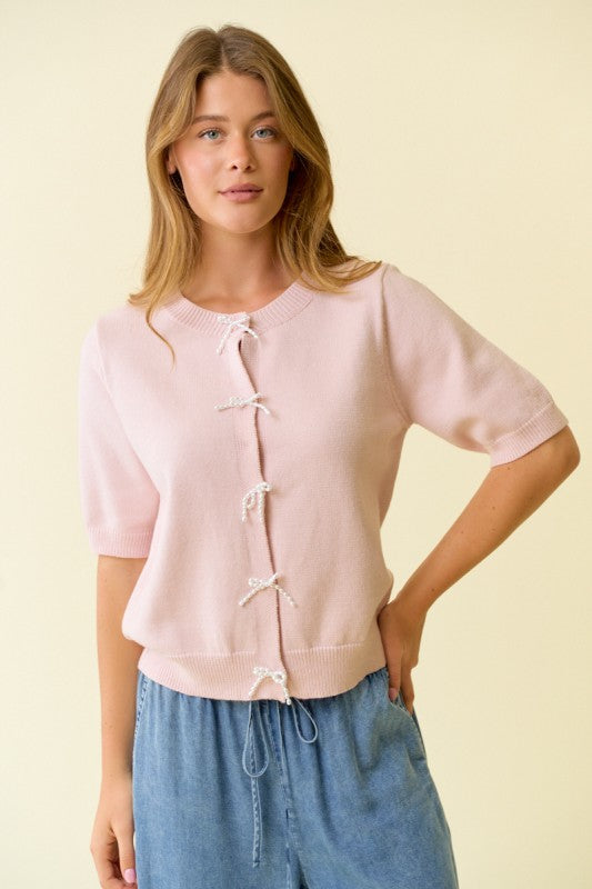 Pearl Bow Button Short Sleeve Cardigan