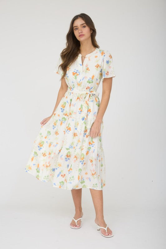 Floral Split Neck Belt Strap Tiered Midi Dress