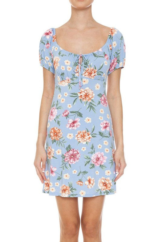 Floral Print Short Puff Sleeve Mini Dress Tie Front