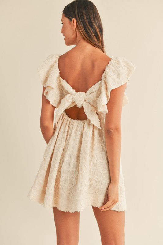 TEXTURED FLORAL SHOULDER RUFFLE DRESS