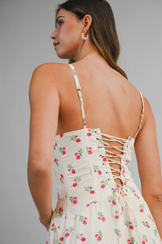 Floral Printed Lace Trim Back Lace Up Midi Dress