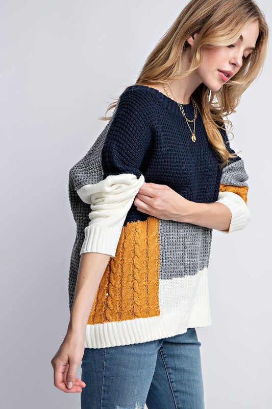 CHUNKY KNIT COLOR AND PATTERN BLOCK SWEATER