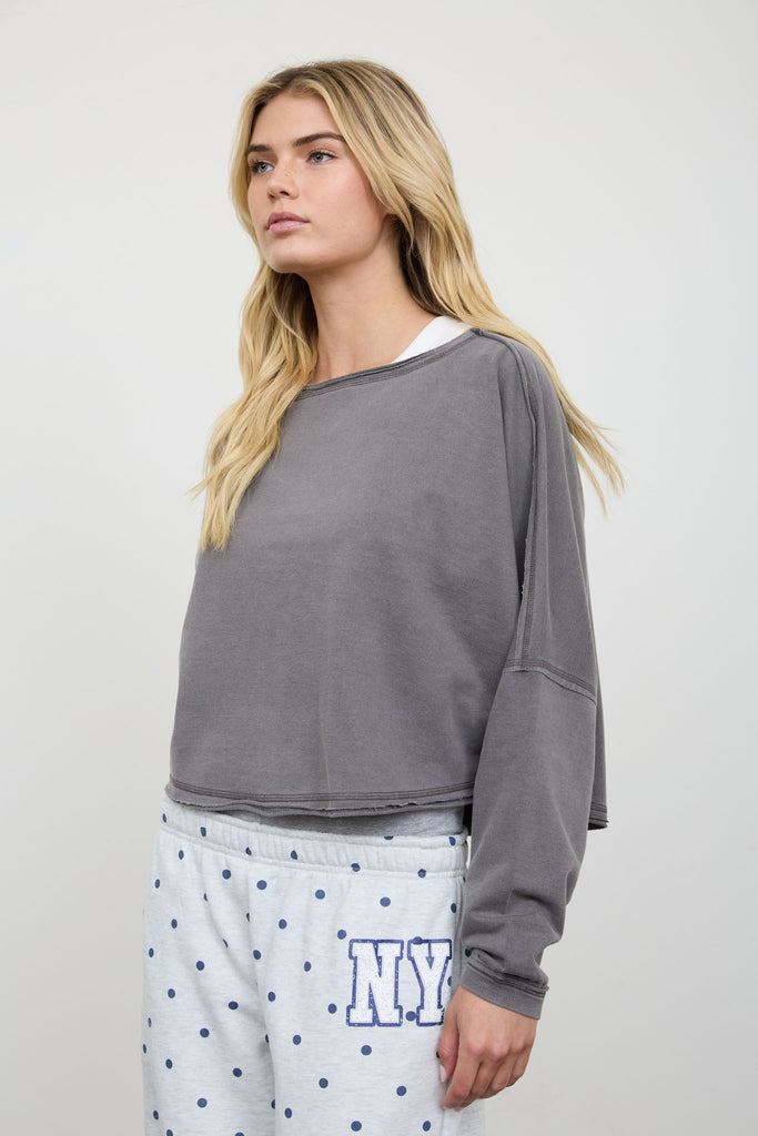 Boat Neck Raw Edge Long Sleeve Cropped Knit Top
