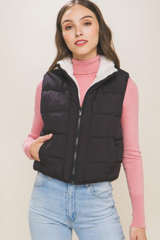 Reversible Puffer Vest with Sherpa Lining