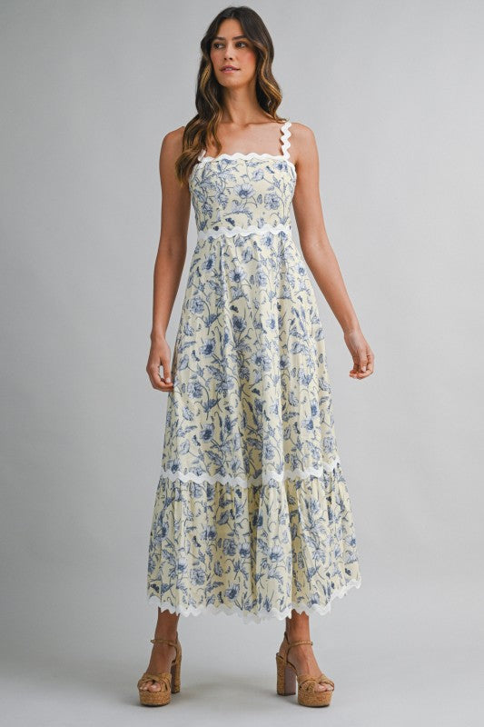 Floral Printed Ric-rac Trim Smocked Back Midi Dress