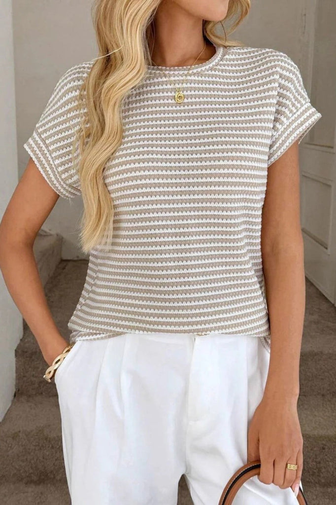 Lightweight Striped Knit Short Sleeve Summer Sweater Top