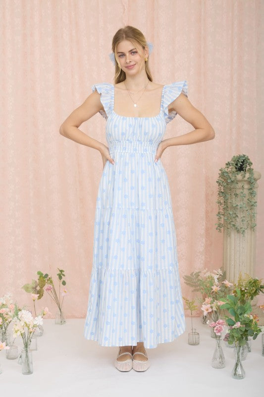 Stripe Floral Flounce Strap Tiered Midi Dress