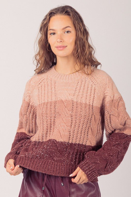 CABLE KNIT COLOR BLOCK SWEATER PULLOVER