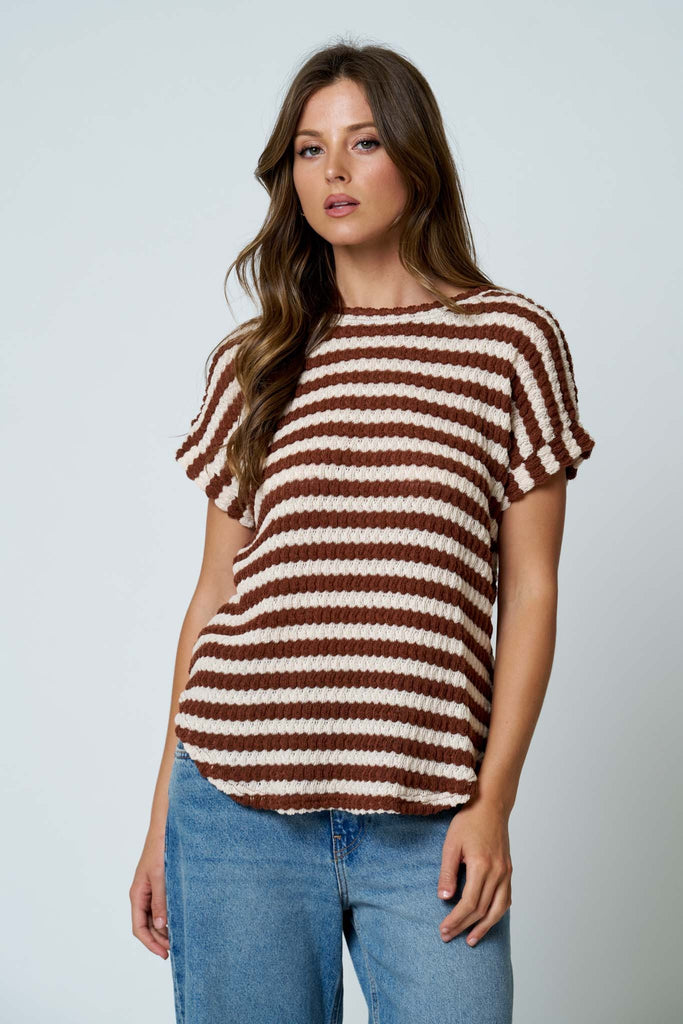 Textured Stripe Round Neck Dolman Sleeve Knit Top