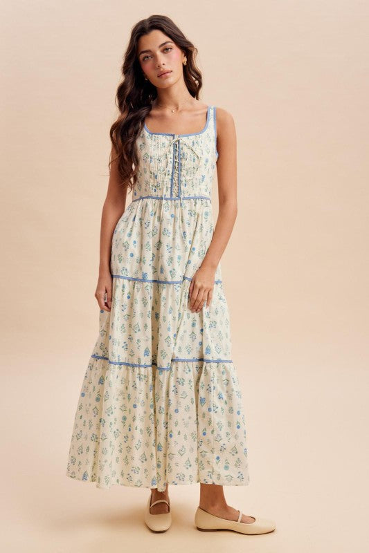 Cotton Floral Lace Up Maxi Dress