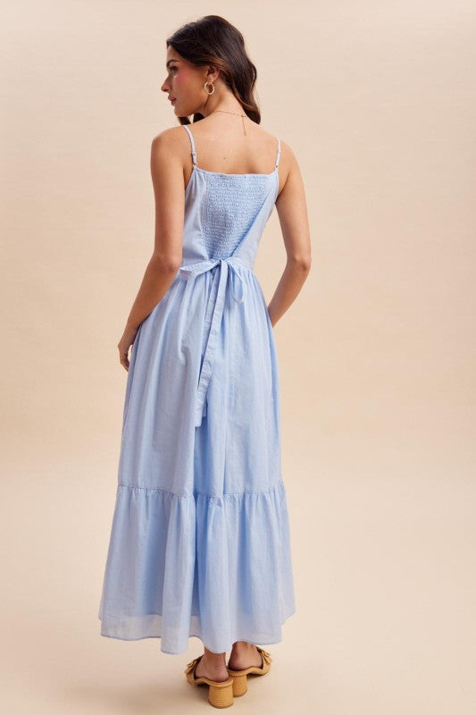 Gathered Cotton Button Down Maxi Dress
