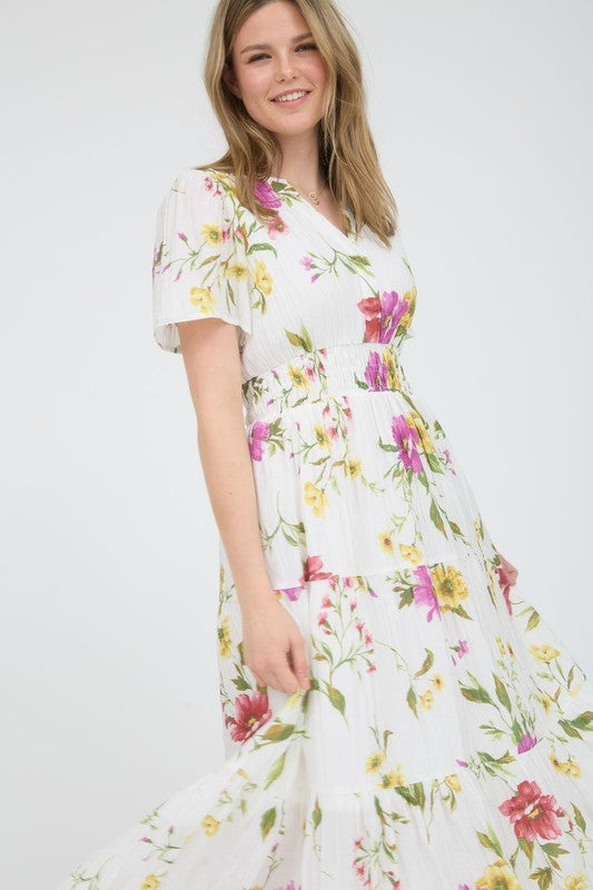Multicolor Floral Short Sleeve Tiered Midi Dress