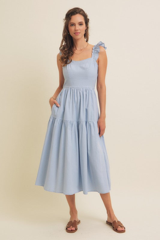 Cloud Gazing Airy Smocked Back Tiered Midi Dress