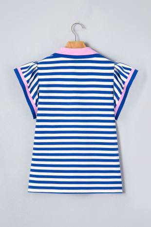 Stripe Contrast Trim Polo Collar Ruffled Short Sleeve Blouse