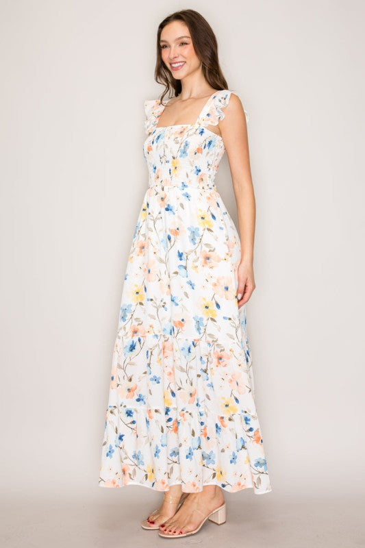 Smocked Print Maxi Dress