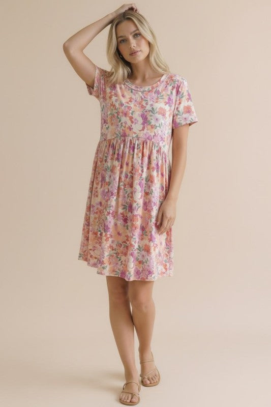 Round Neck Short Sleeve Babydoll Floral Dress