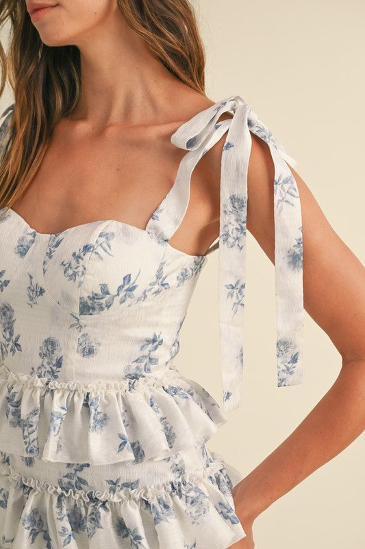 FLORAL PRINT RUFFLE TIERED BUSTIER MIDI DRESS