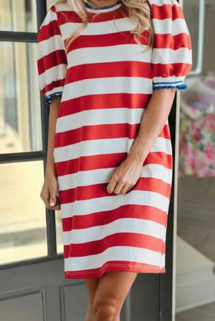 Stripe Contrast Trim Round Neck Short Puff Sleeve Dress