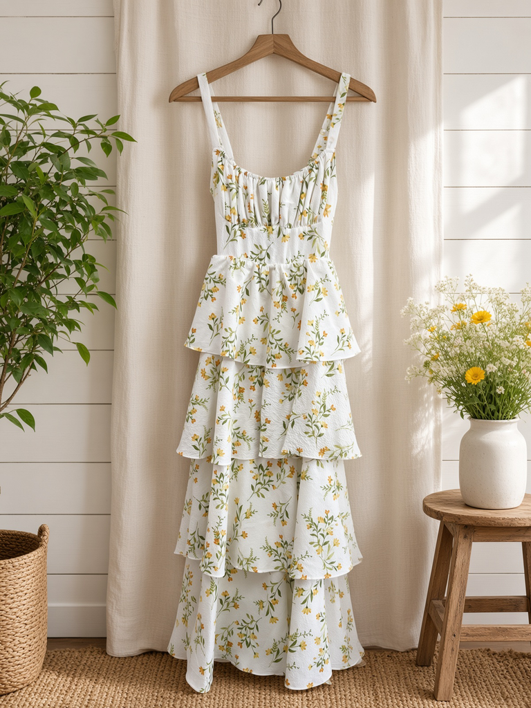 Floral Ruffle Tiered Back Tie Midi Dress