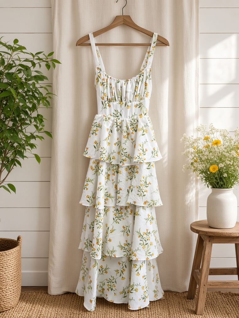 Floral Ruffle Tiered Back Tie Midi Dress