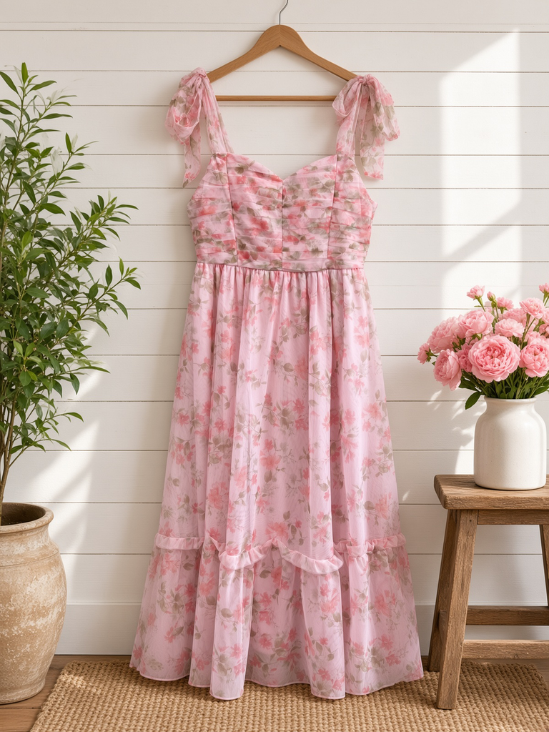 Floral Shirred Bodice Sleeveless Midi Dress