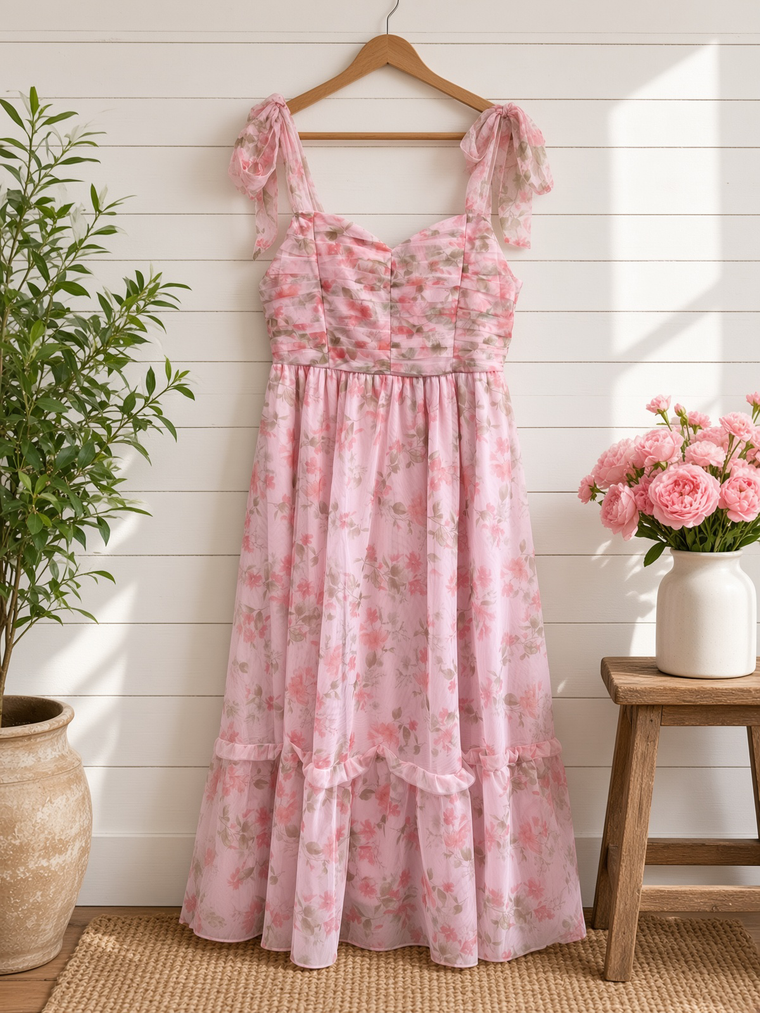 Floral Shirred Bodice Sleeveless Midi Dress
