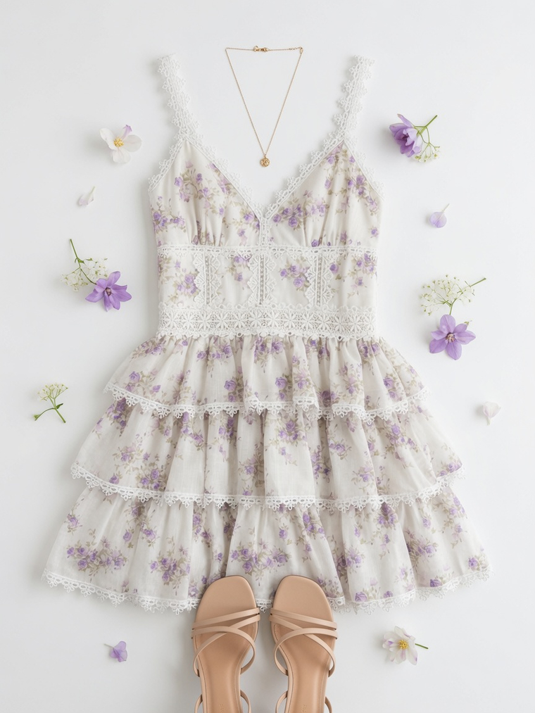 Floral Print Lace-trim Detail Ruffle Tiered Mini Dress