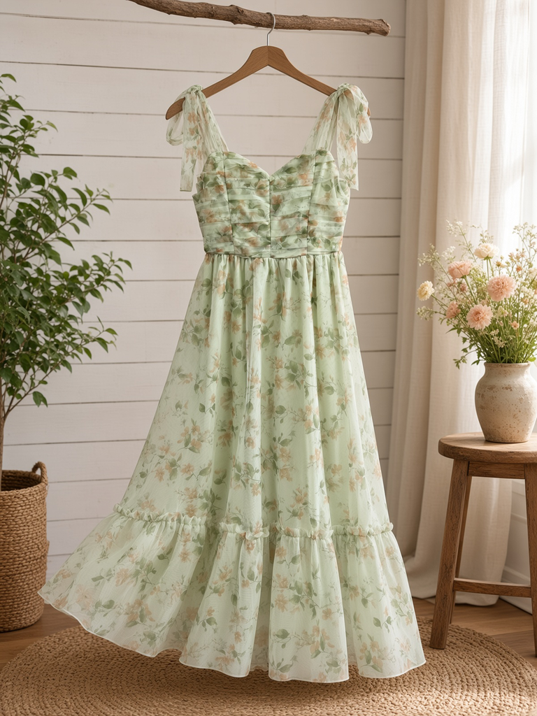 Floral Shirred Bodice Sleeveless Midi Dress