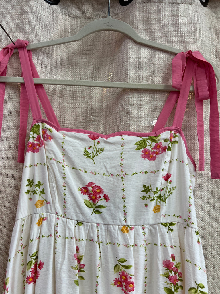 Floral Tile Pattern Scalloped Tie Strap Midi Dress