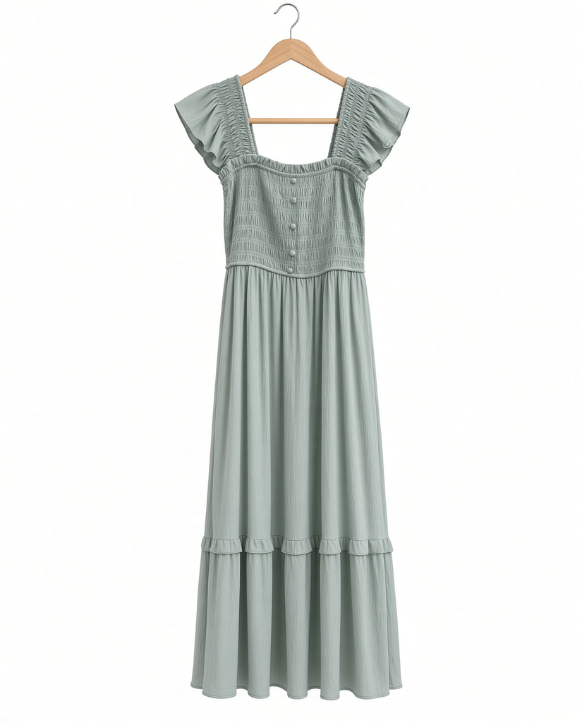 Mock Button Down Smocked Ruffle Detail Midi Dress