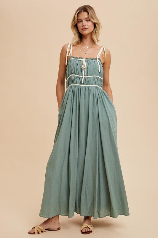 Cotton Blend Contrast Trim Maxi Dress