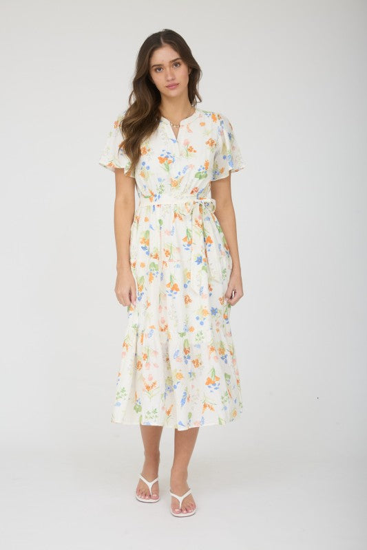Floral Split Neck Belt Strap Tiered Midi Dress