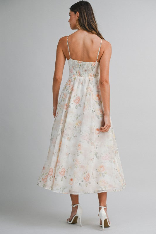 Floral Print Spaghetti Adjustable Strap Midi Dress