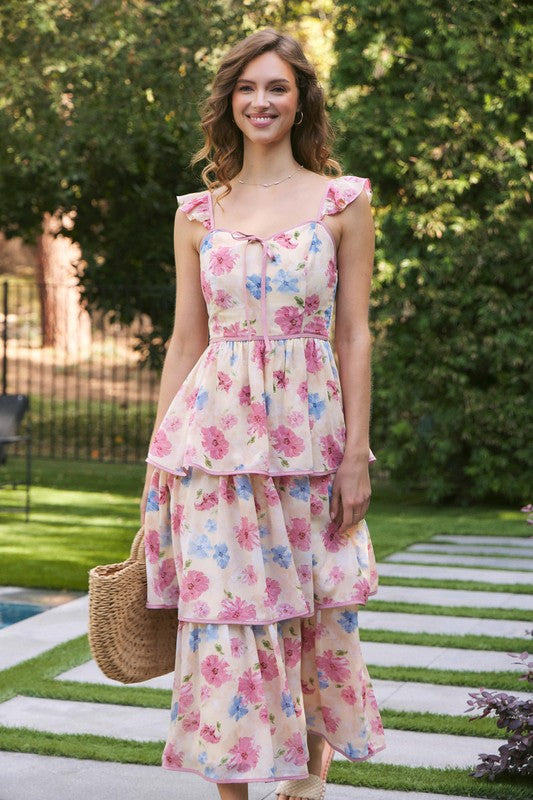 Floral Midi Dress With Ruffled Straps