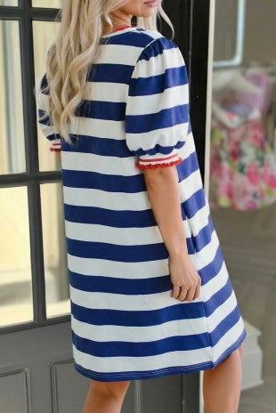 Stripe Contrast Trim Round Neck Short Puff Sleeve Dress